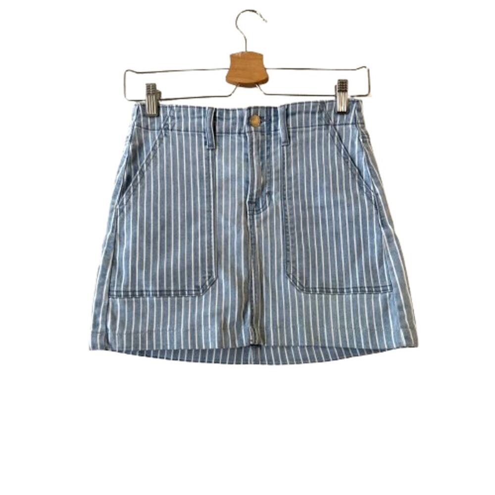 AQUA Striped Denim Mini Skirt XS Blue White A-Line Belt Loop Pocket Cotton Blend